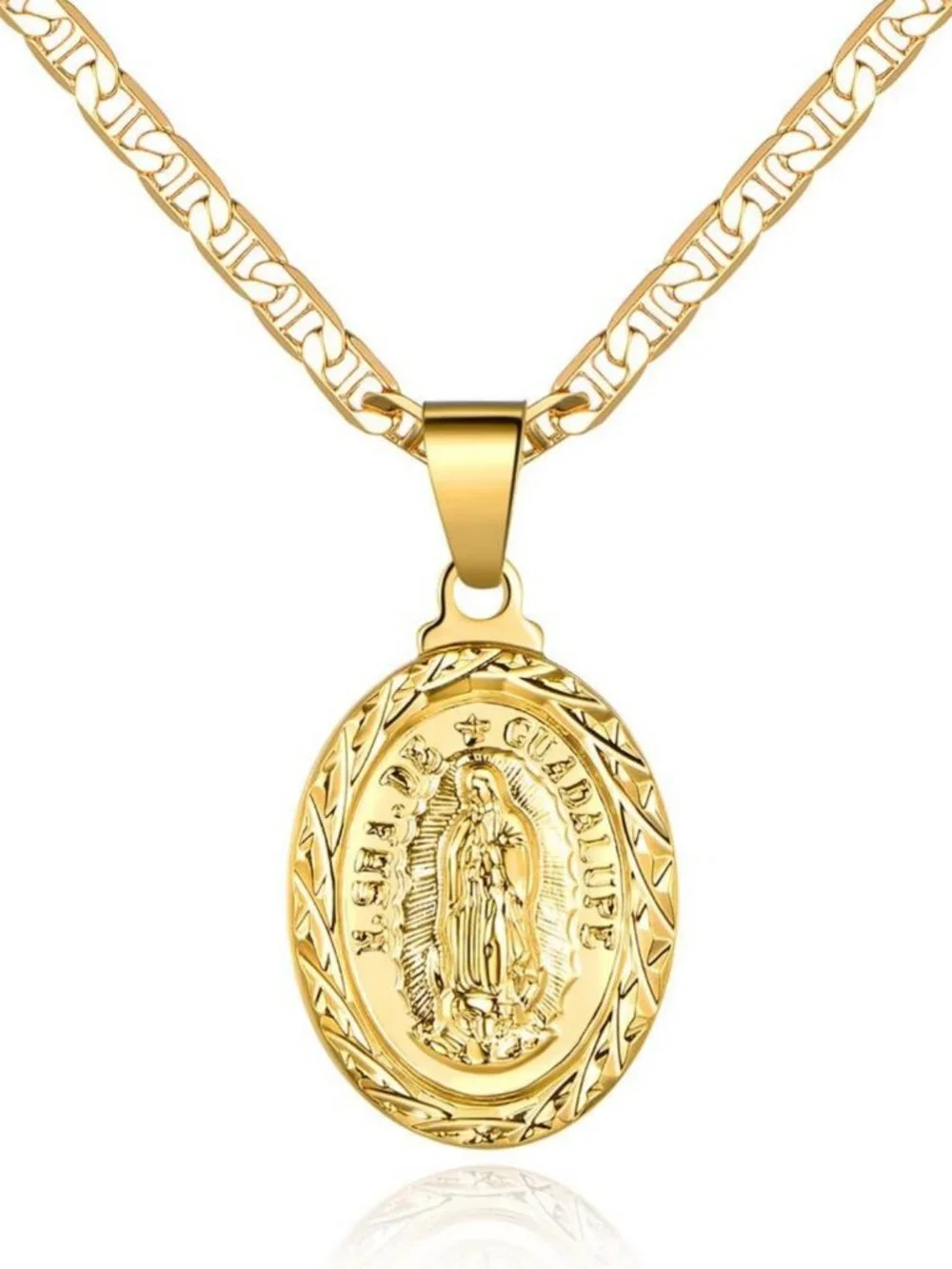 18K Gold Plated Flat Mariner Chain Necklace with Virgin Mary Guadalupe Charm